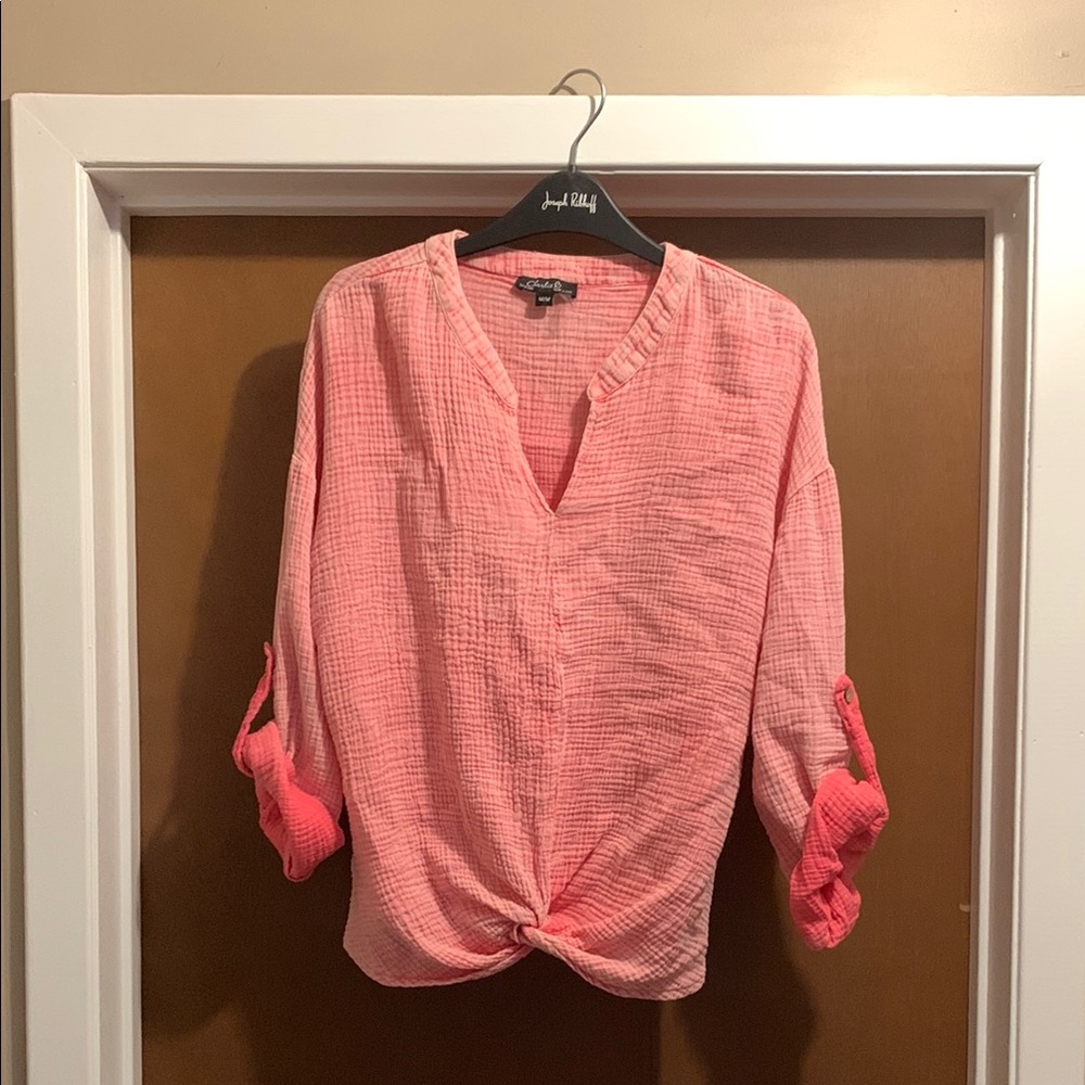 CHARLIE B Pink Tie Front Blouse with Mandarin Collar